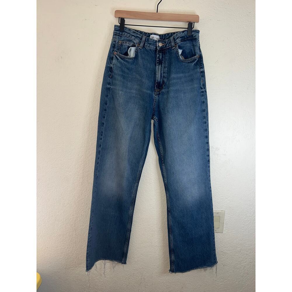 Zara Women's Blue Wide‎ Leg Distressed Hem Jeans Sz 10